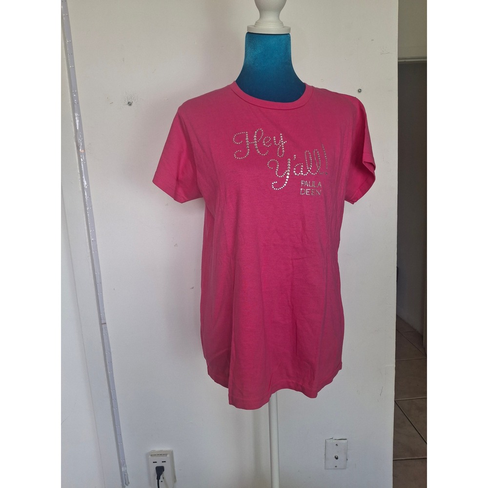 Paula Deen Hey Yall Rhinestone Graphic Tee Pink Cotton Short Sleeve Small